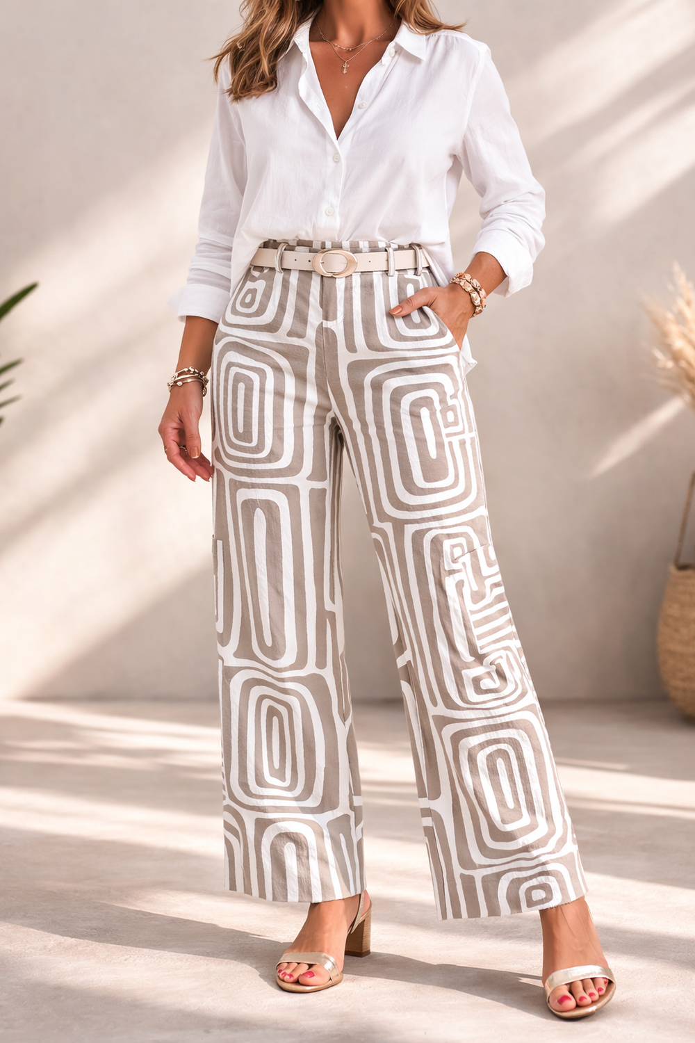 Woman wearing a white shirt and patterned pants with a belt, standing indoors.